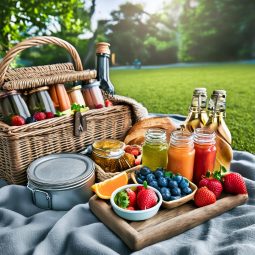 Firefly A colorful spread of gourmet picnic foods and drinks arranged on a woven picnic blanket atop