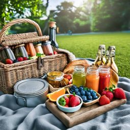 A colorful spread of gourmet picnic foods and drinks arranged on a woven picnic blanket atop A colorful spread of gourmet picnic foods and drinks arranged on a woven picnic blanket atop